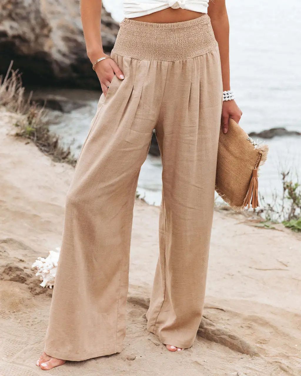 Women Casual Drawstring Pants – Distressed Mid Waist, Relaxed Fit, Lightweight Fabric
