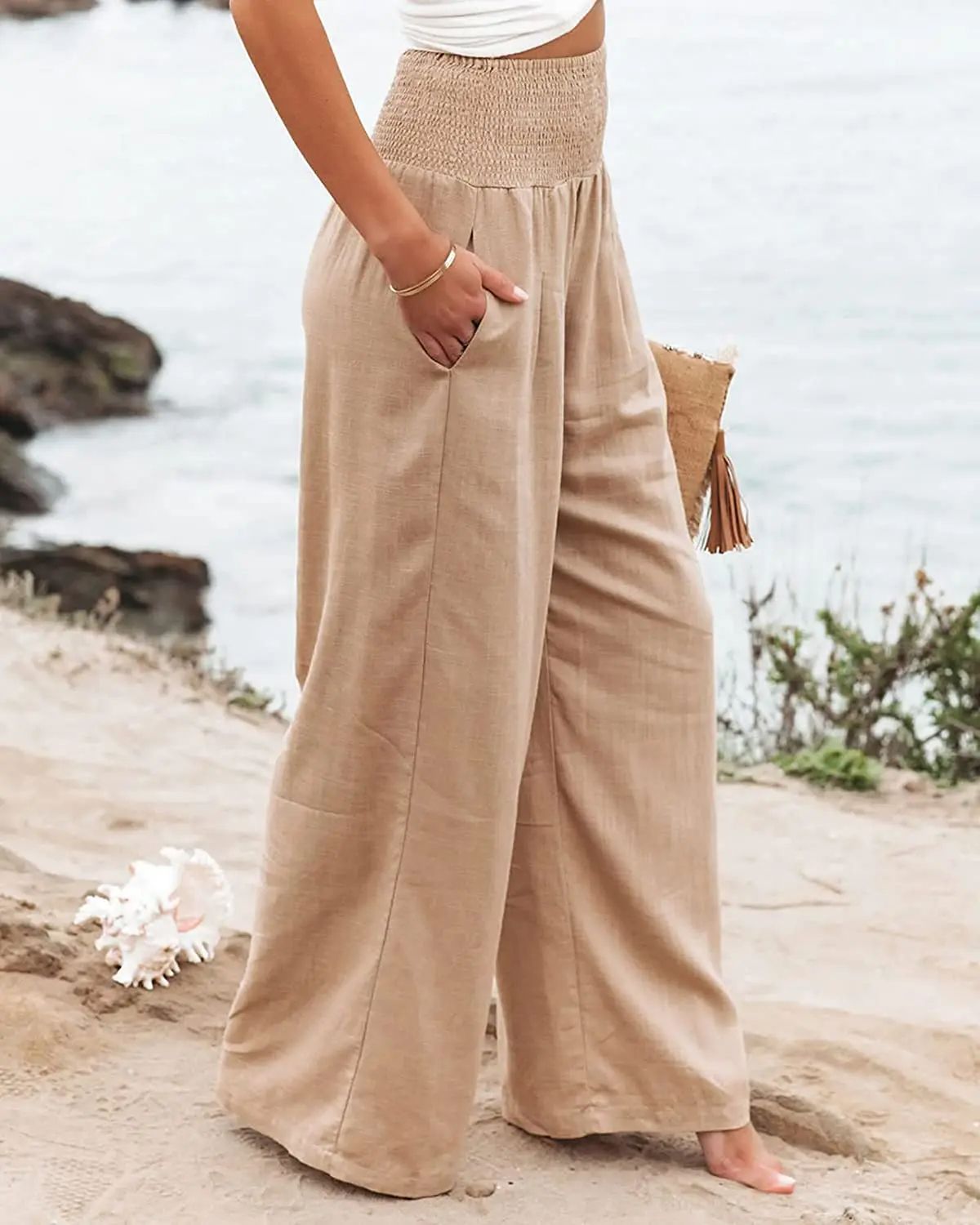 Women Casual Drawstring Pants  Distressed Mid Waist Relaxed Fit Lightweight Fabric 1