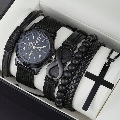 Fashionable PU Leather Beaded Bracelet with Mechanical Watch & Cross Pendant Necklace