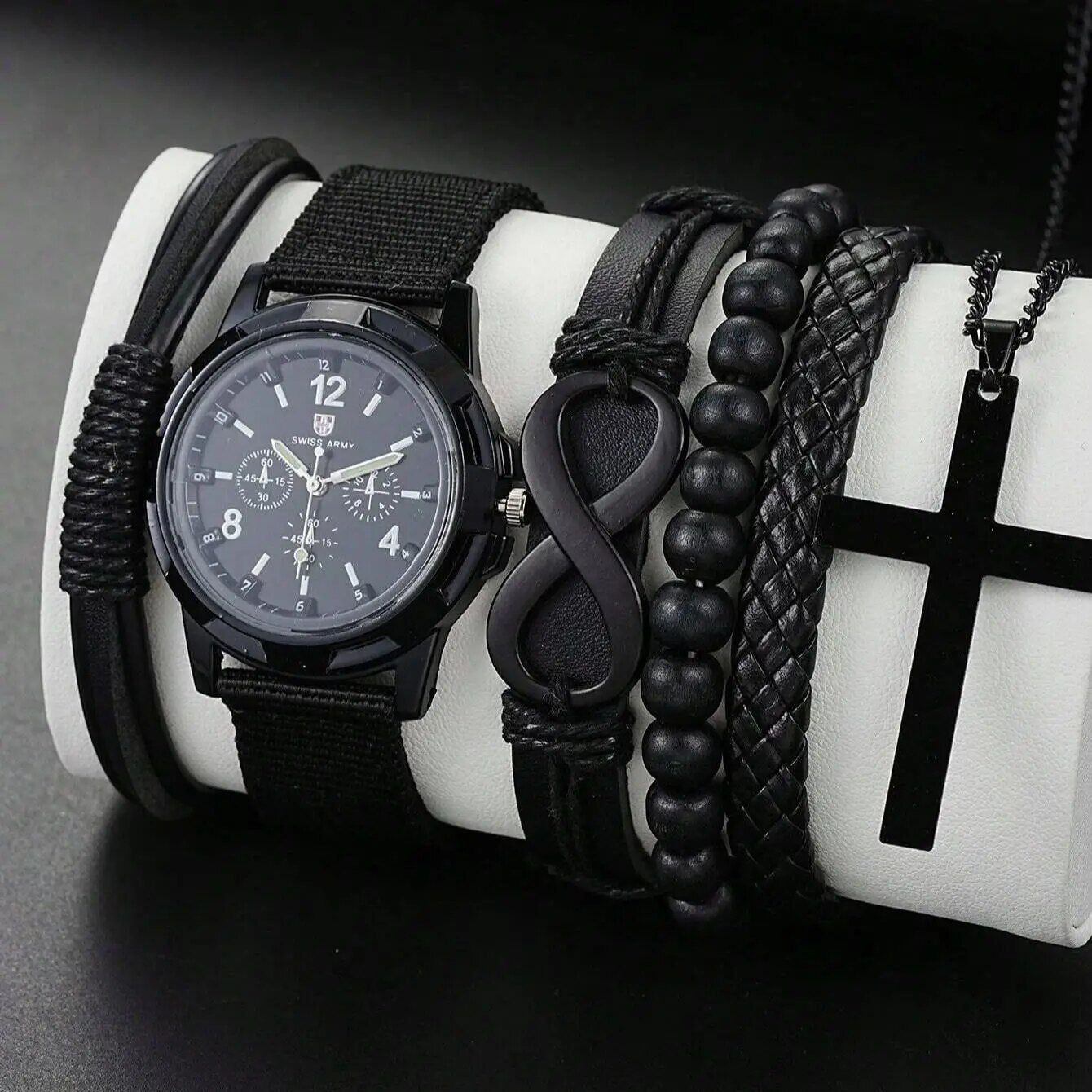 Fashionable PU Leather Beaded Bracelet with Mechanical Watch & Cross Pendant Necklace