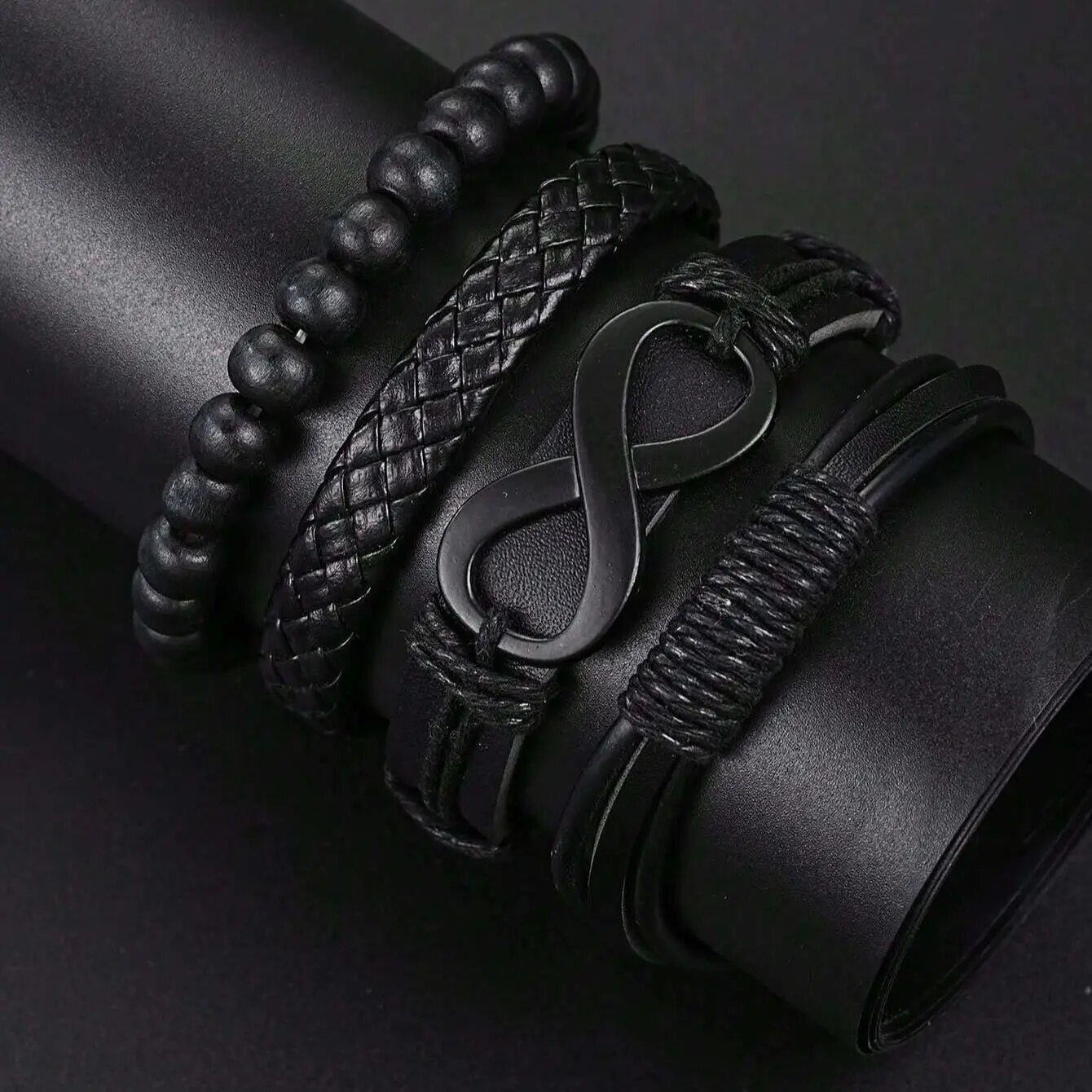Fashionable PU Leather Beaded Bracelet with Mechanical Watch & Cross Pendant Necklace
