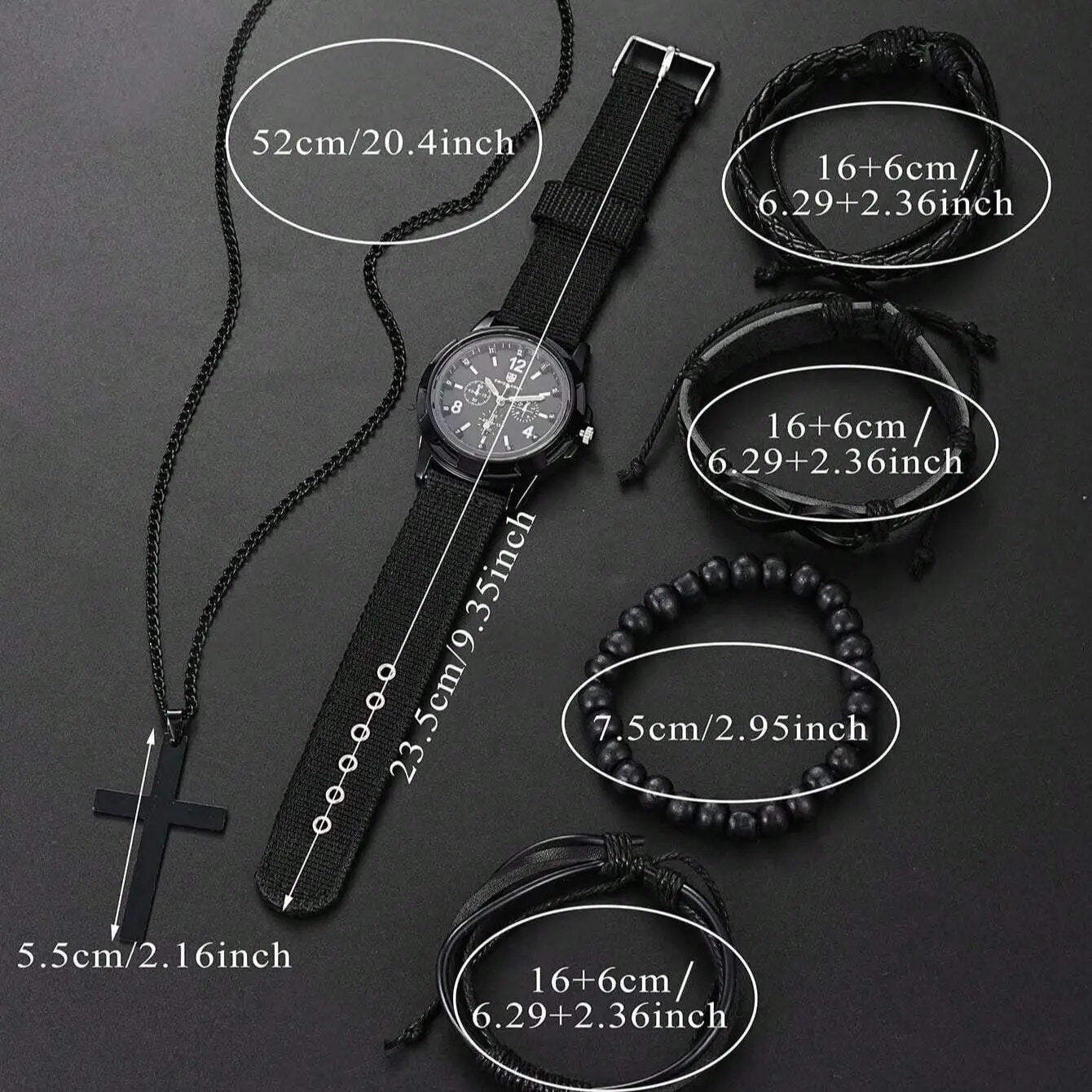 Fashionable PU Leather Beaded Bracelet with Mechanical Watch & Cross Pendant Necklace