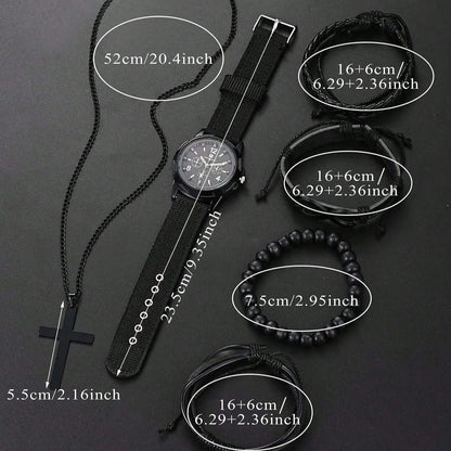Fashionable PU Leather Beaded Bracelet with Mechanical Watch & Cross Pendant Necklace
