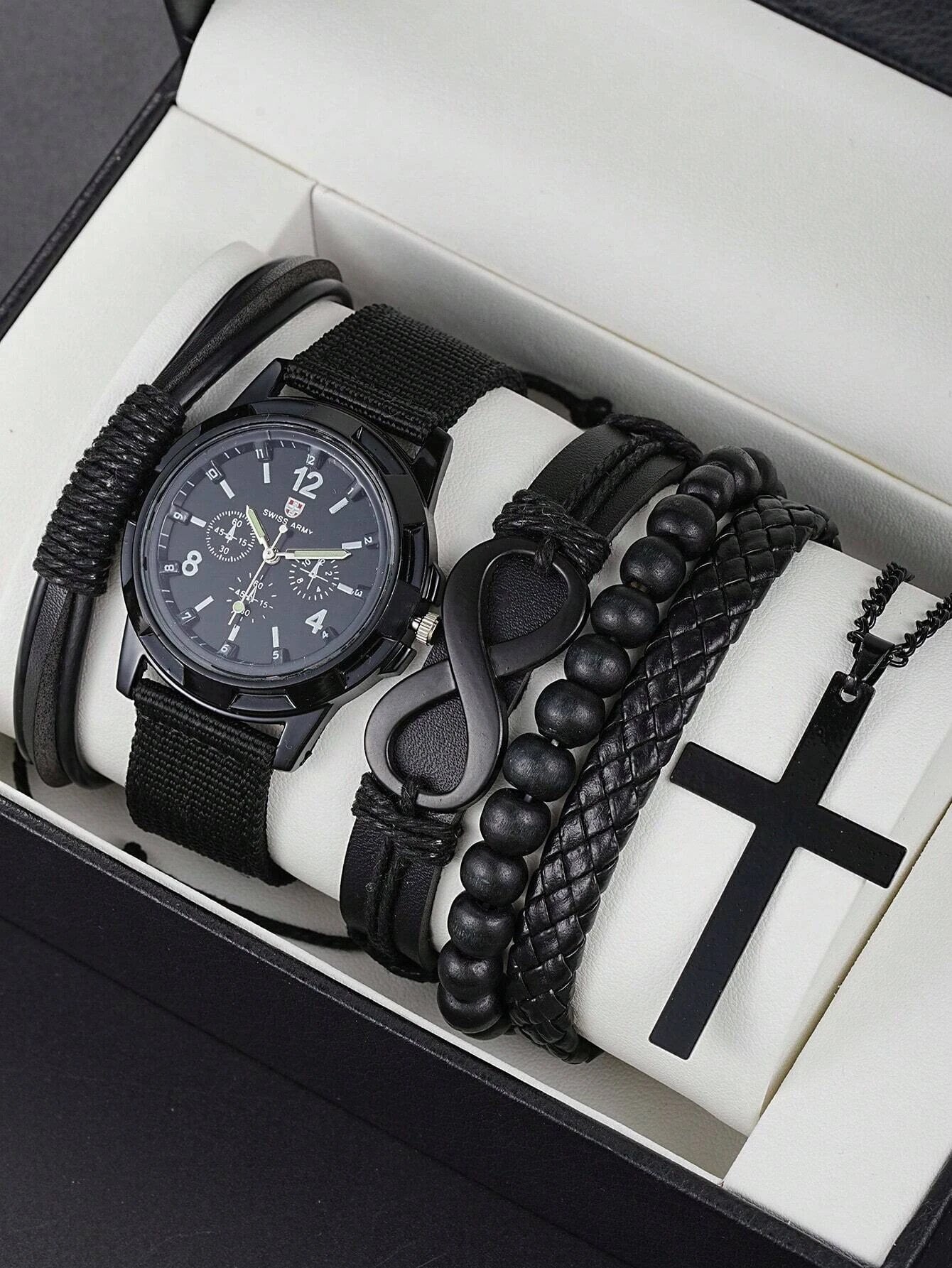 Fashionable PU Leather Beaded Bracelet with Mechanical Watch & Cross Pendant Necklace