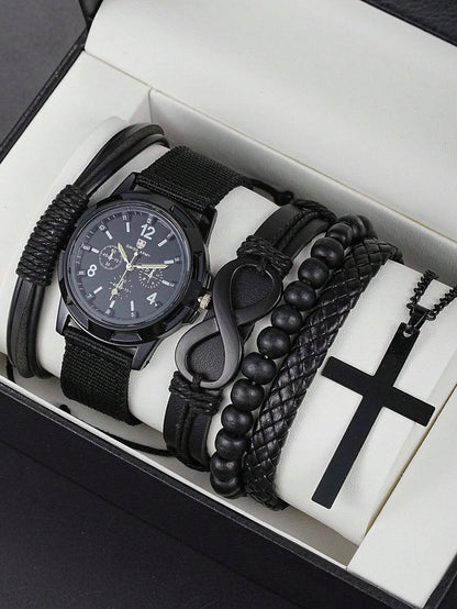 Fashionable PU Leather Beaded Bracelet with Mechanical Watch & Cross Pendant Necklace