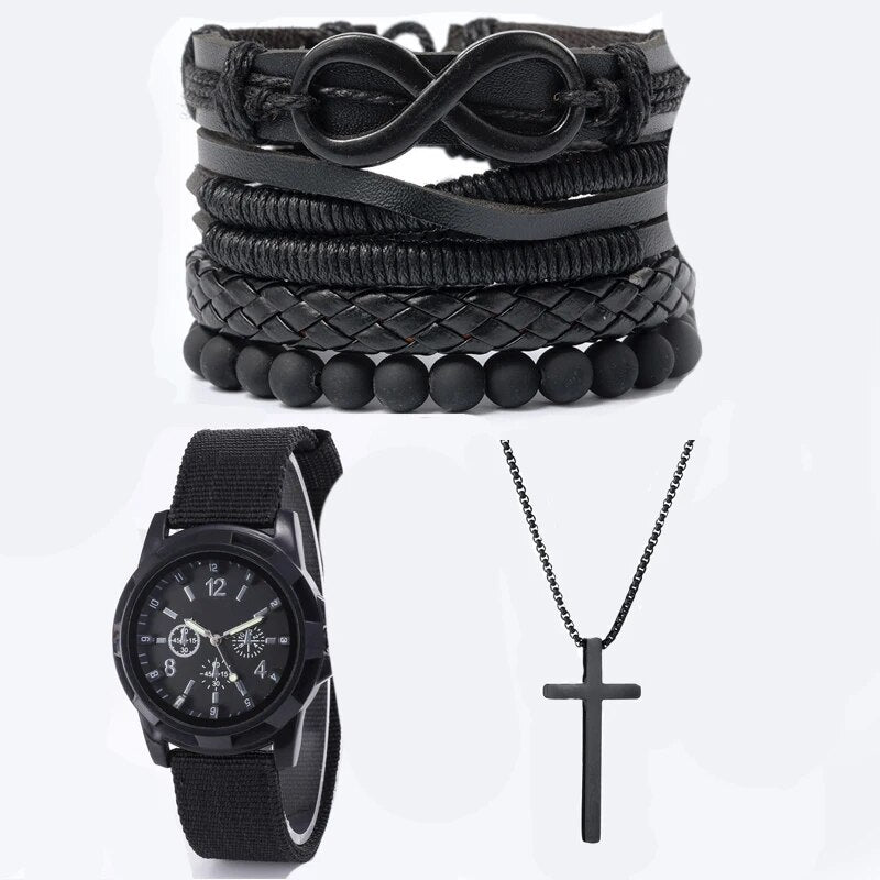 Fashionable PU Leather Beaded Bracelet with Mechanical Watch & Cross Pendant Necklace