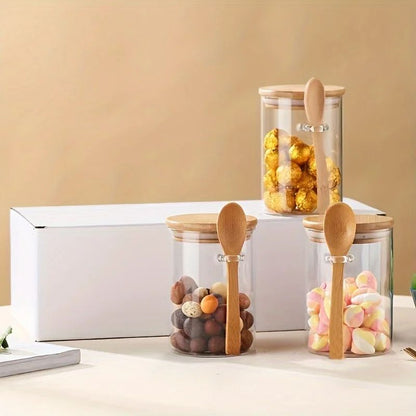 280ml Candy Jar Airtight Glass Storage Jar with Sealed Bamboo Lid and Spoon 10oz Transparent Biscuit Jar for Kitchen