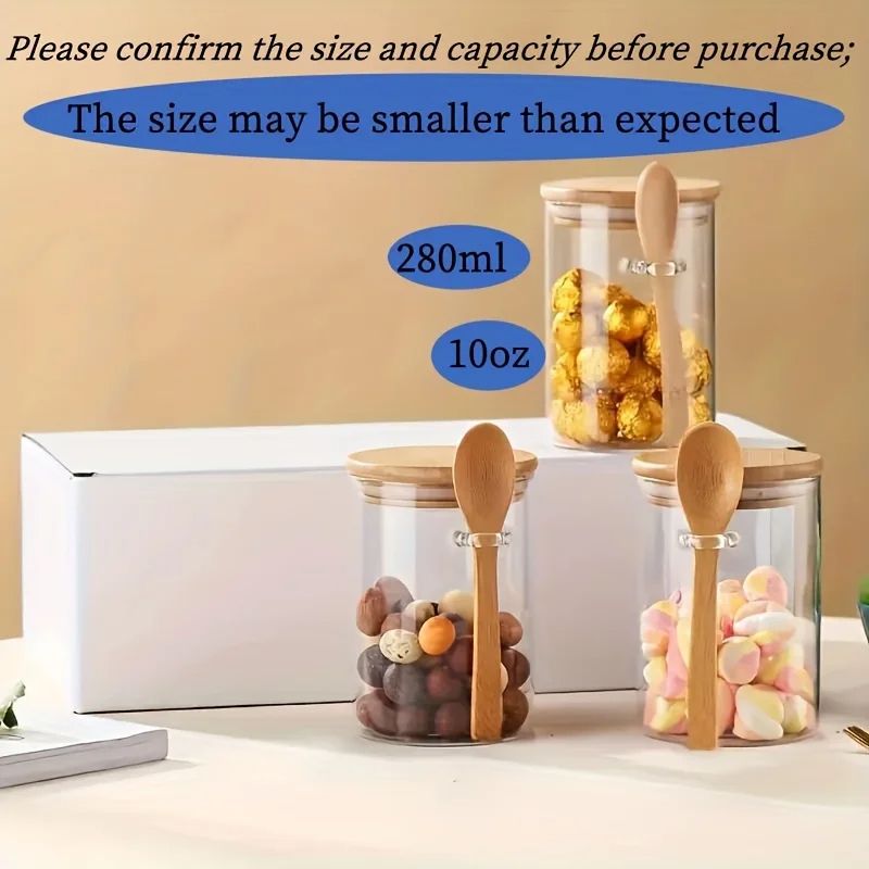 280ml Candy Jar Airtight Glass Storage Jar With Sealed Bamboo Lid And Spoon 10oz Transparent Biscui 3