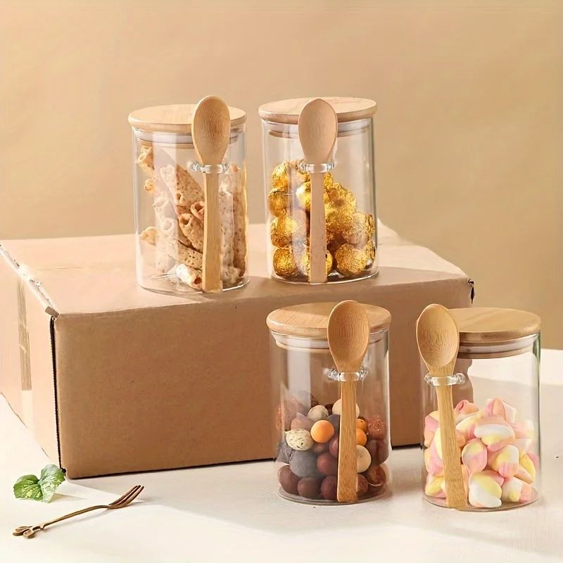 280ml Candy Jar Airtight Glass Storage Jar With Sealed Bamboo Lid And Spoon 10oz Transparent Biscui 5