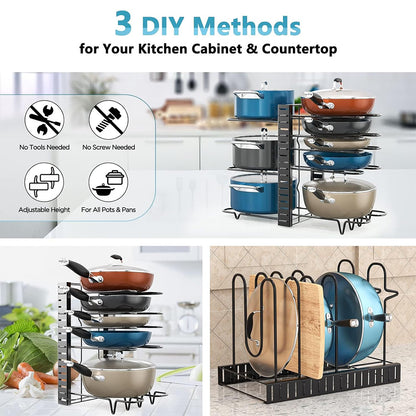 8Tier Adjustable Pan And Pot Organizer Rack Versatile Kitchen Cabinet Storage Solution 1