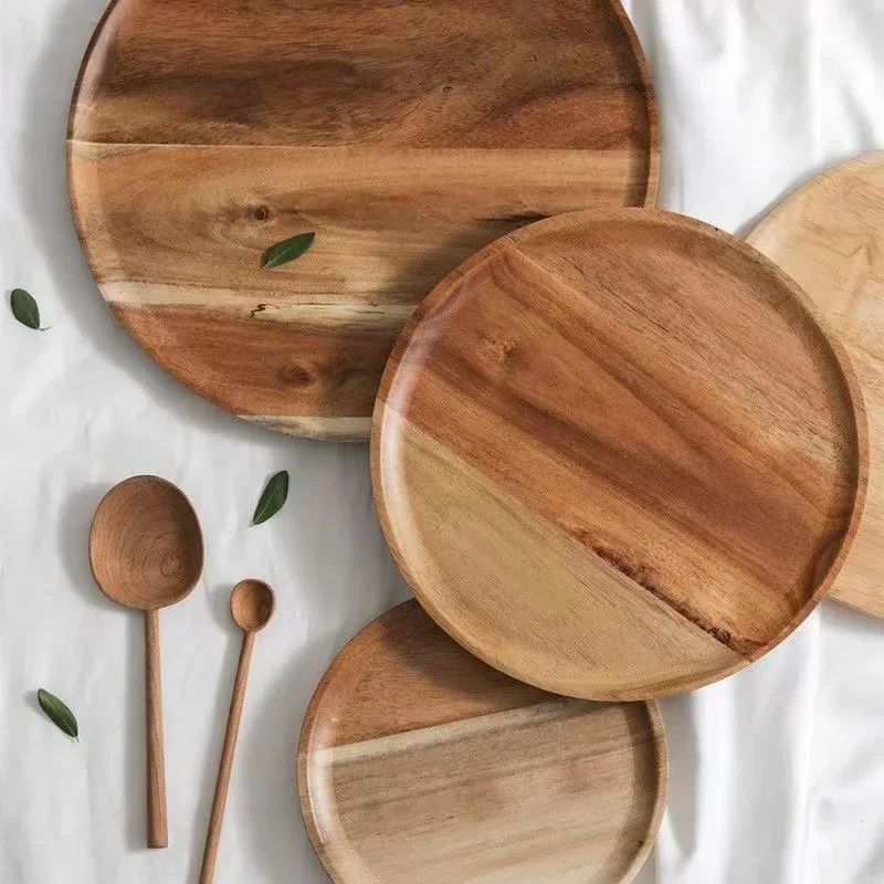 Premium Acacia Wood Round Serving Platter – Rustic Wooden Tray for Pizza, Salad, Fruit, Dessert, Bread, Cake, Snacks