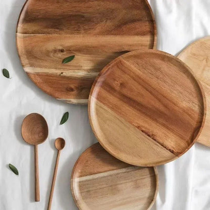 Premium Acacia Wood Round Serving Platter – Rustic Wooden Tray for Pizza, Salad, Fruit, Dessert, Bread, Cake, Snacks