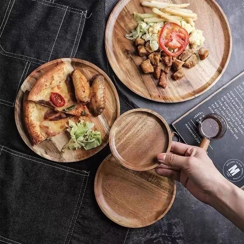 Premium Acacia Wood Round Serving Platter  Rustic Wooden Tray For Pizza Salad Fruit Dessert Bread C 2
