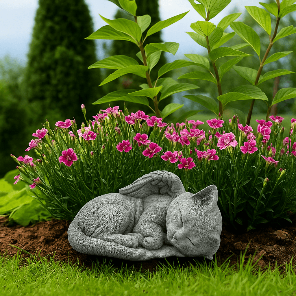 Pet Cat Memorial Sleeping Kitten Statue with Angel Wings Grave Marker Keepsake