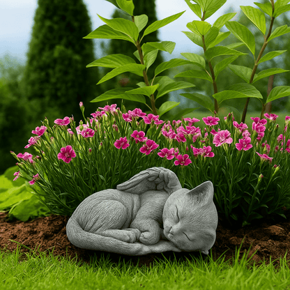 Pet Cat Memorial Sleeping Kitten Statue with Angel Wings Grave Marker Keepsake