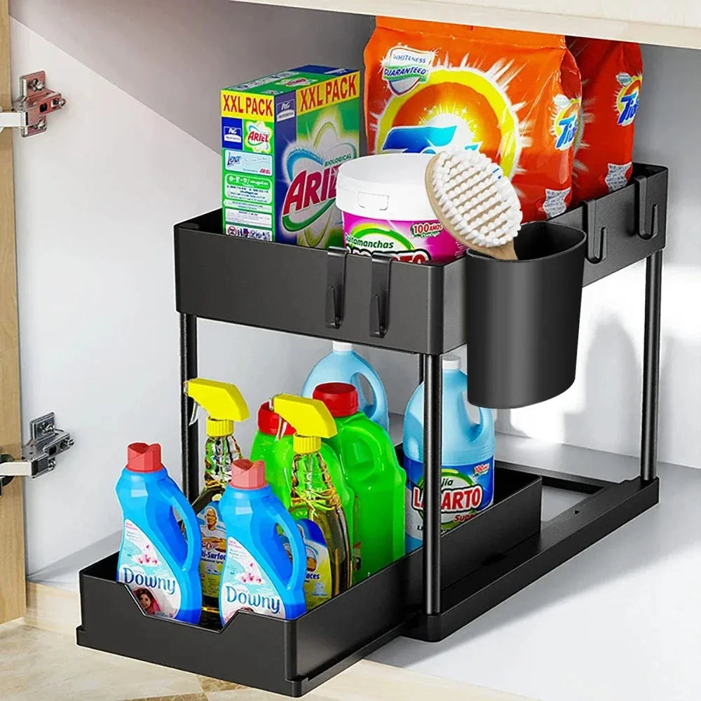 Under Sink Organizer 2-Tier Sliding Cabinet Basket, Kitchen & Bathroom Storage Rack with Hooks and Hanging Cup