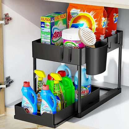 Under Sink Organizer 2-Tier Sliding Cabinet Basket, Kitchen & Bathroom Storage Rack with Hooks and Hanging Cup