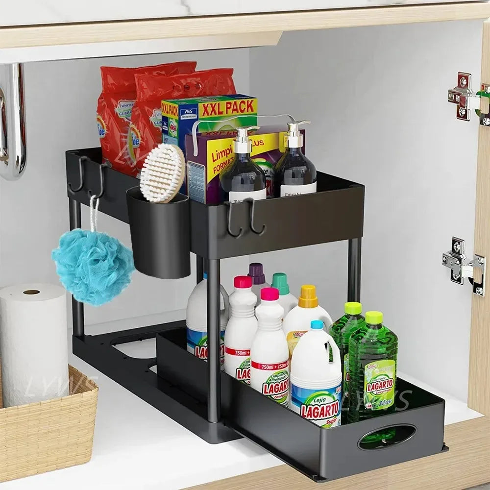 Under Sink Organizer 2Tier Sliding Cabinet Basket Kitchen  Bathroom Storage Rack With Hooks And Han 7