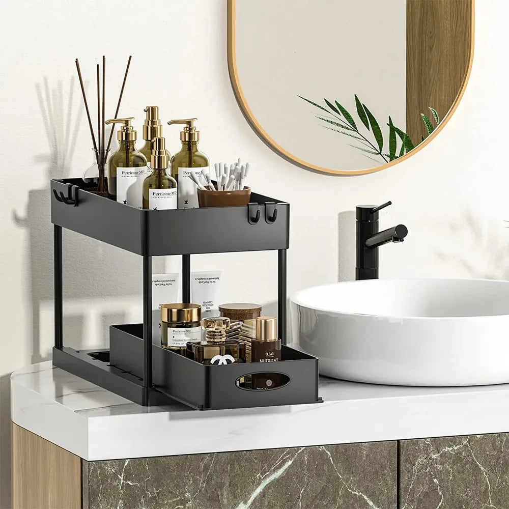 Under Sink Organizer 2Tier Sliding Cabinet Basket Kitchen  Bathroom Storage Rack With Hooks And Han 3