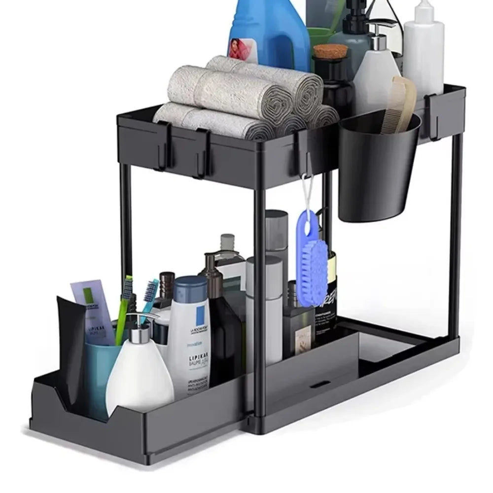 Under Sink Organizer 2Tier Sliding Cabinet Basket Kitchen  Bathroom Storage Rack With Hooks And Han 5