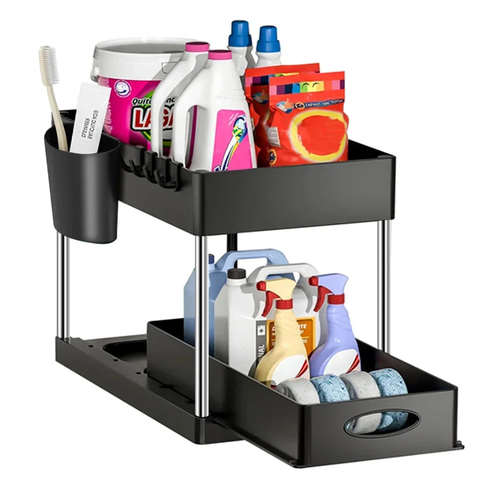 Under Sink Organizer 2Tier Sliding Cabinet Basket Kitchen  Bathroom Storage Rack With Hooks And Han 4