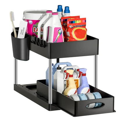 Under Sink Organizer 2Tier Sliding Cabinet Basket Kitchen  Bathroom Storage Rack With Hooks And Han 4