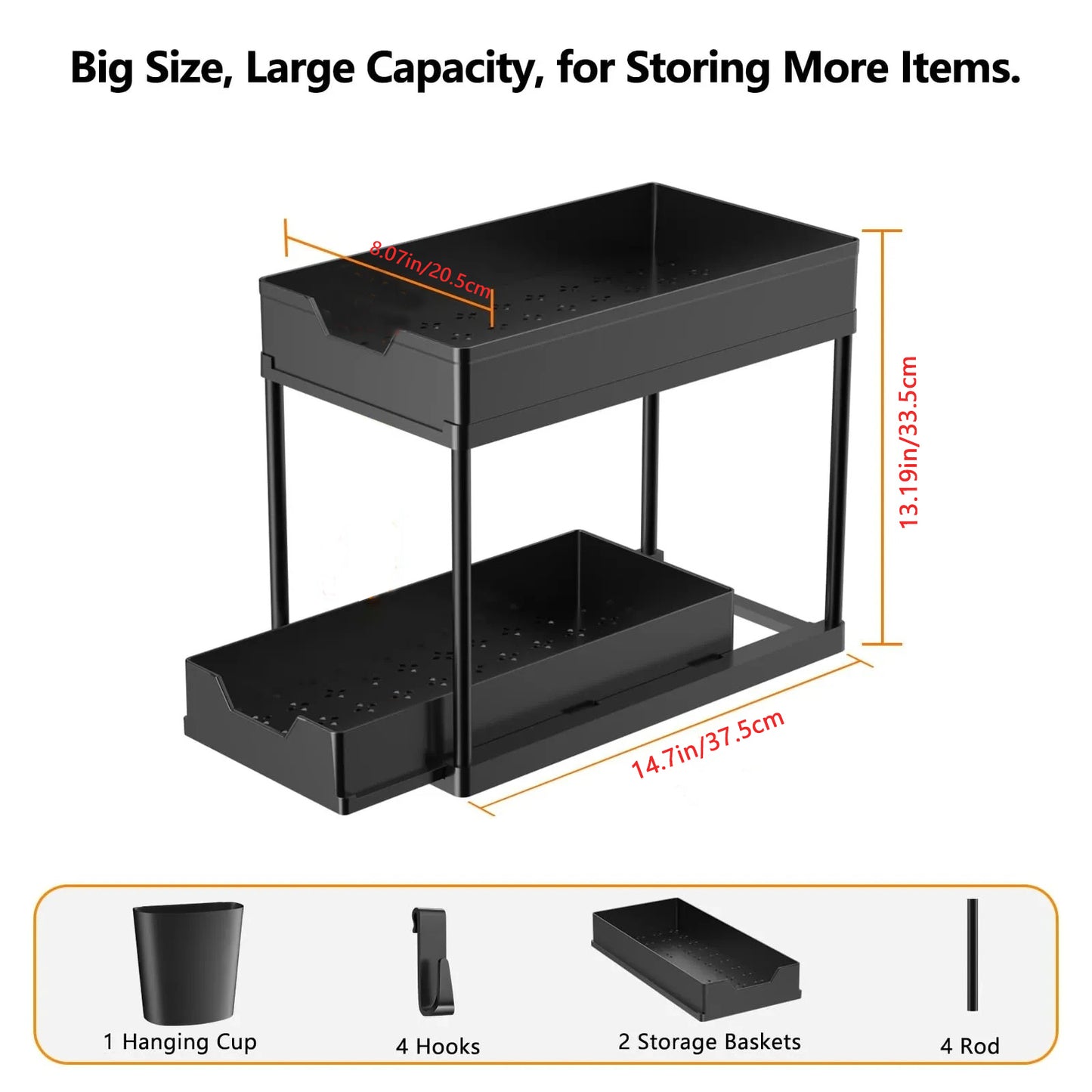 Under Sink Organizer 2Tier Sliding Cabinet Basket Kitchen  Bathroom Storage Rack With Hooks And Han 6