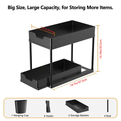 Under Sink Organizer 2Tier Sliding Cabinet Basket Kitchen  Bathroom Storage Rack With Hooks And Han 6