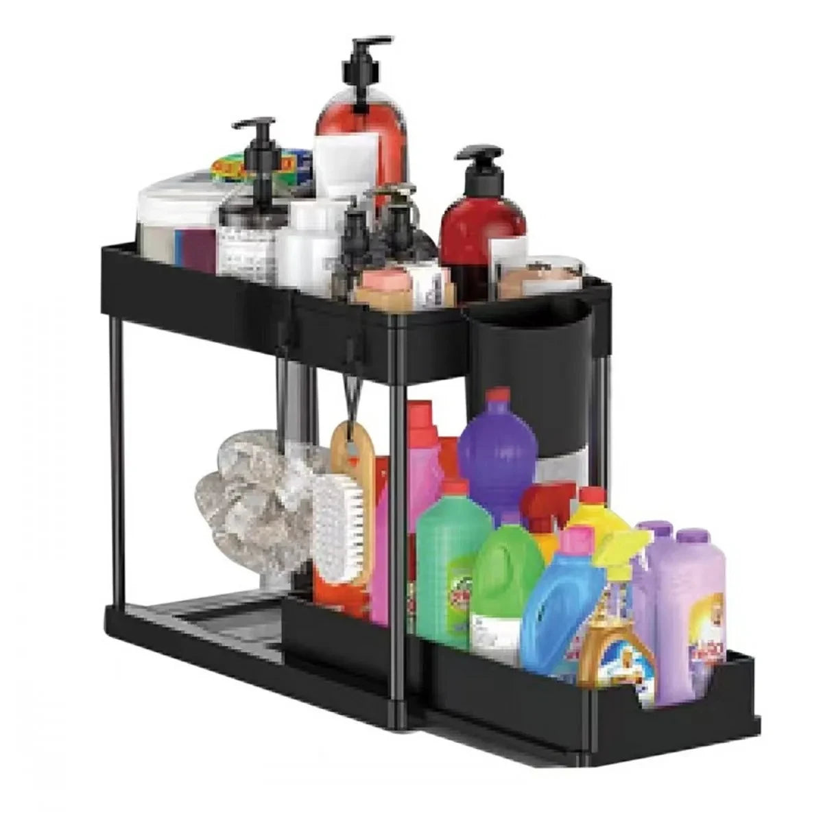 Under Sink Organizer 2Tier Sliding Cabinet Basket Kitchen  Bathroom Storage Rack With Hooks And Han 2