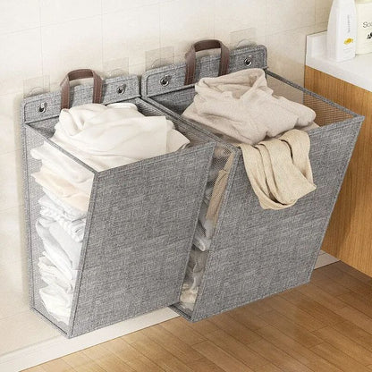 1pc Foldable Adhesive Laundry Basket Hamper – Multifunctional Punch Free Wall Hanging Washing Clothes Mesh Hook Organize
