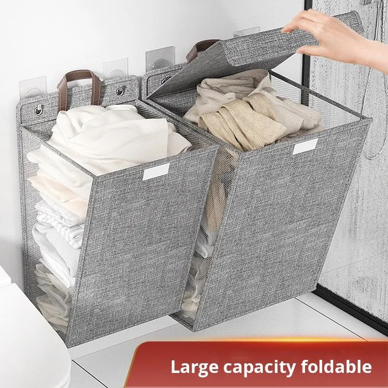 1pc Foldable Adhesive Laundry Basket Hamper  Multifunctional Punch Free Wall Hanging Washing Clothe 2