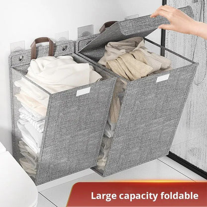 1pc Foldable Adhesive Laundry Basket Hamper  Multifunctional Punch Free Wall Hanging Washing Clothe 2