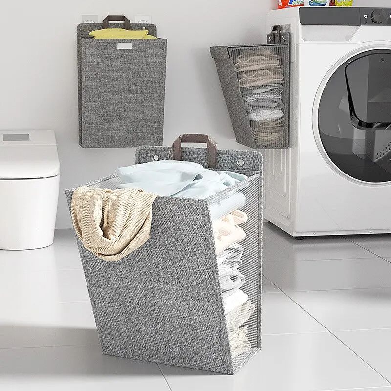 1pc Foldable Adhesive Laundry Basket Hamper  Multifunctional Punch Free Wall Hanging Washing Clothe 3