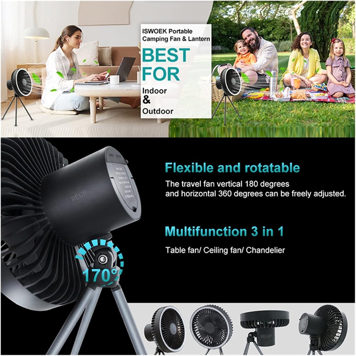 Portable Camping Fan With LED  Power Bank  4000mAh10000mAh Rechargeable Wireless Fan For Desk Tent  4