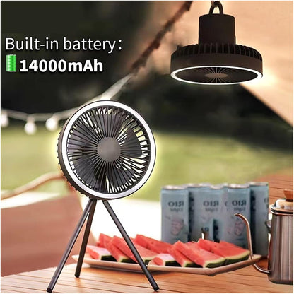 Portable Camping Fan with LED & Power Bank – 4000mAh/10000mAh Rechargeable Wireless Fan for Desk, Tent & Ceiling Use