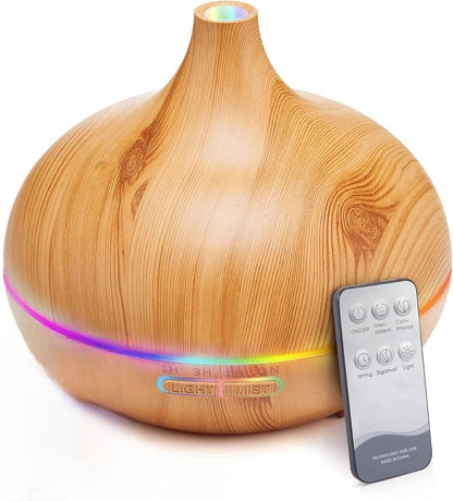 500ml Ultrasonic Essential Oil Diffuser – Wood Grain Aroma Humidifier with Remote Control & 7-Color LED Light
