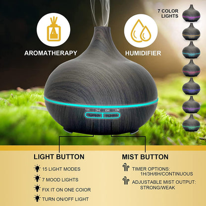 500ml Ultrasonic Essential Oil Diffuser  Wood Grain Aroma Humidifier With Remote Control  7Color LE 11