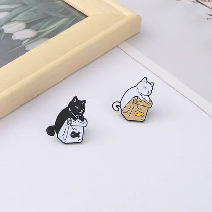 2PCs Cute Black White Cat Brooch Set  Cartoon Animal Lapel Pins For Clothes Backpacks  Gifts 5