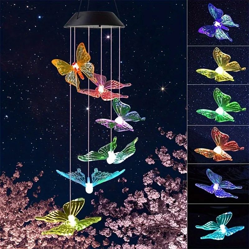 Solar Wind Chimes Outdoor Waterproof LED Color Changing Butterfly Dragonfly Hummingbird Lights Perf 6