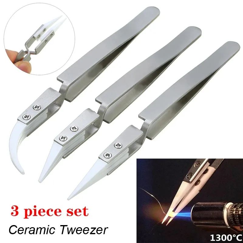 3 Pcs Ceramic Straight Tip Electronic Soldering Tweezers Anti-Static, Acid-Resistant Precision Tools for PCB DIY Repairs