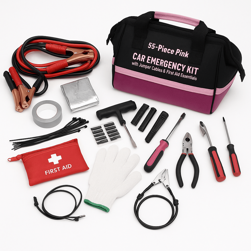 55Piece Pink Car Emergency Kit With Jumper Cables  First Aid Essentials 0