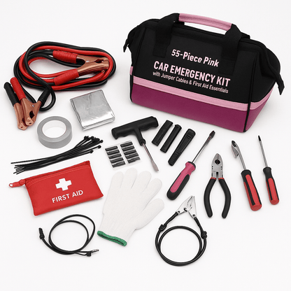55Piece Pink Car Emergency Kit With Jumper Cables  First Aid Essentials 0