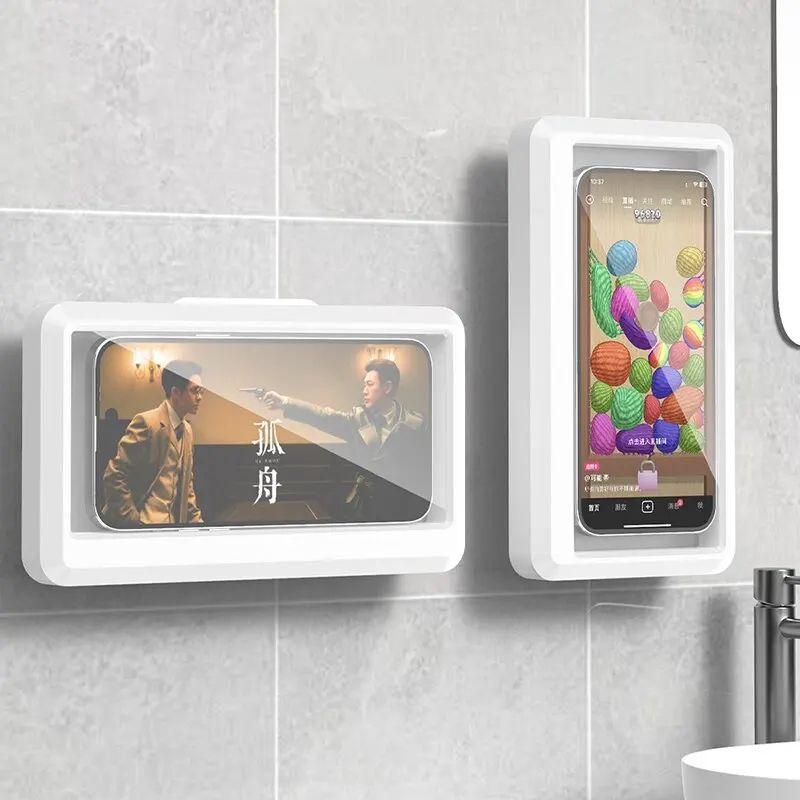 Bathroom Waterproof Phone Holder Wall Mounted Self-Adhesive Shower Phone Case with Touch Screen, Sealing Storage Box