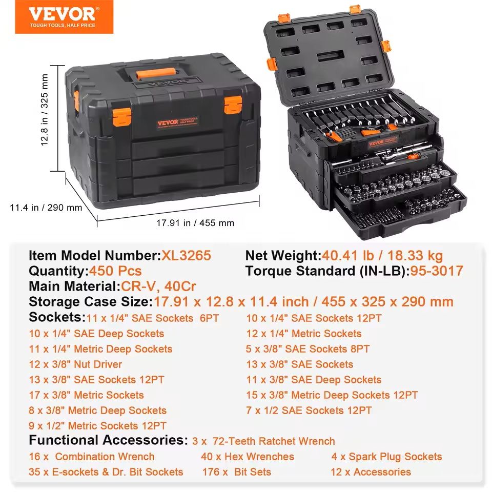 Mechanics Tool Set And Socket Kit With 450 Pieces SAE And Metric Sizes 1