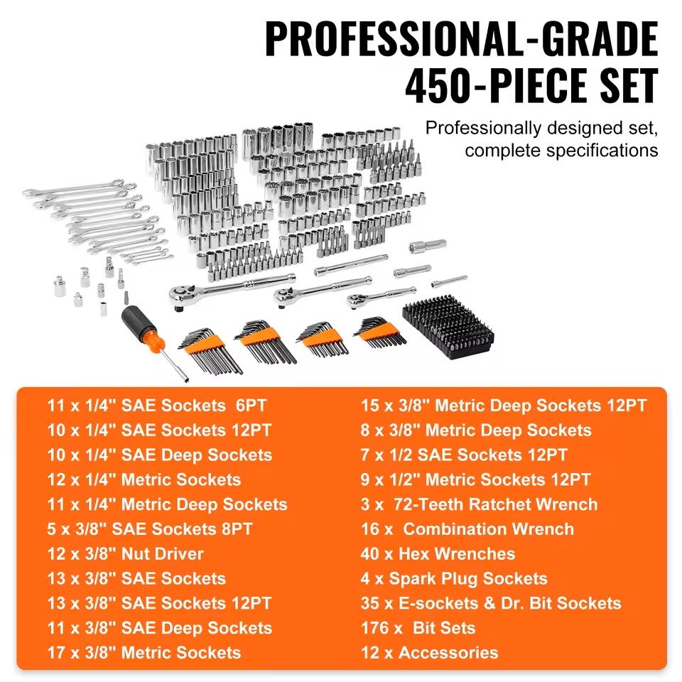 Mechanics Tool Set And Socket Kit With 450 Pieces SAE And Metric Sizes 4