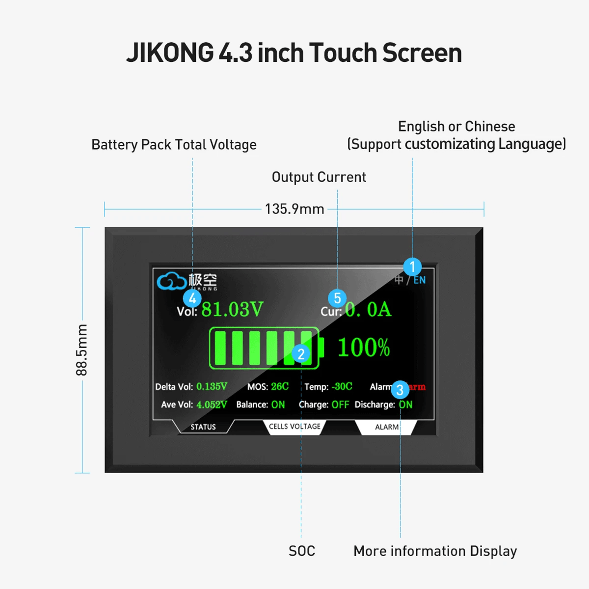JIKONG BMS Touch Display – 4.3-Inch Screen for Smart Battery Monitoring and System Control