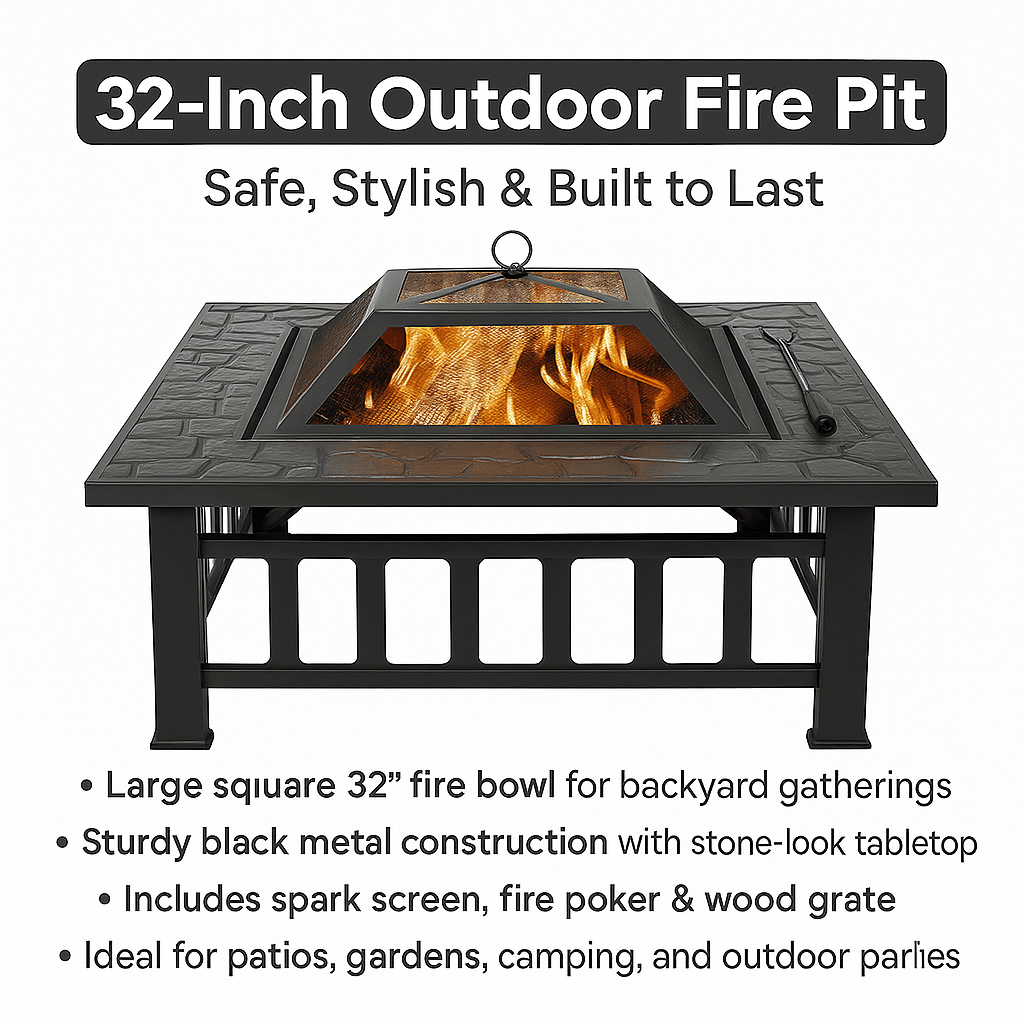 32 Square Outdoor Metal Fire Pit Wood-Burning Patio Heater with Mesh Cover & Poker