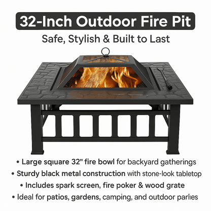 32 Square Outdoor Metal Fire Pit Wood-Burning Patio Heater with Mesh Cover & Poker