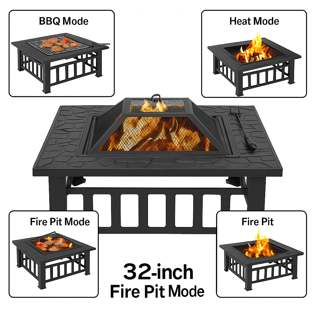 32 Square Outdoor Metal Fire Pit WoodBurning Patio Heater With Mesh Cover  Poker 1
