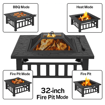 32 Square Outdoor Metal Fire Pit WoodBurning Patio Heater With Mesh Cover  Poker 1